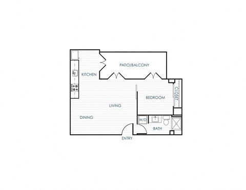 Floor plan for 1 bed, 1 bath, 686 sqft